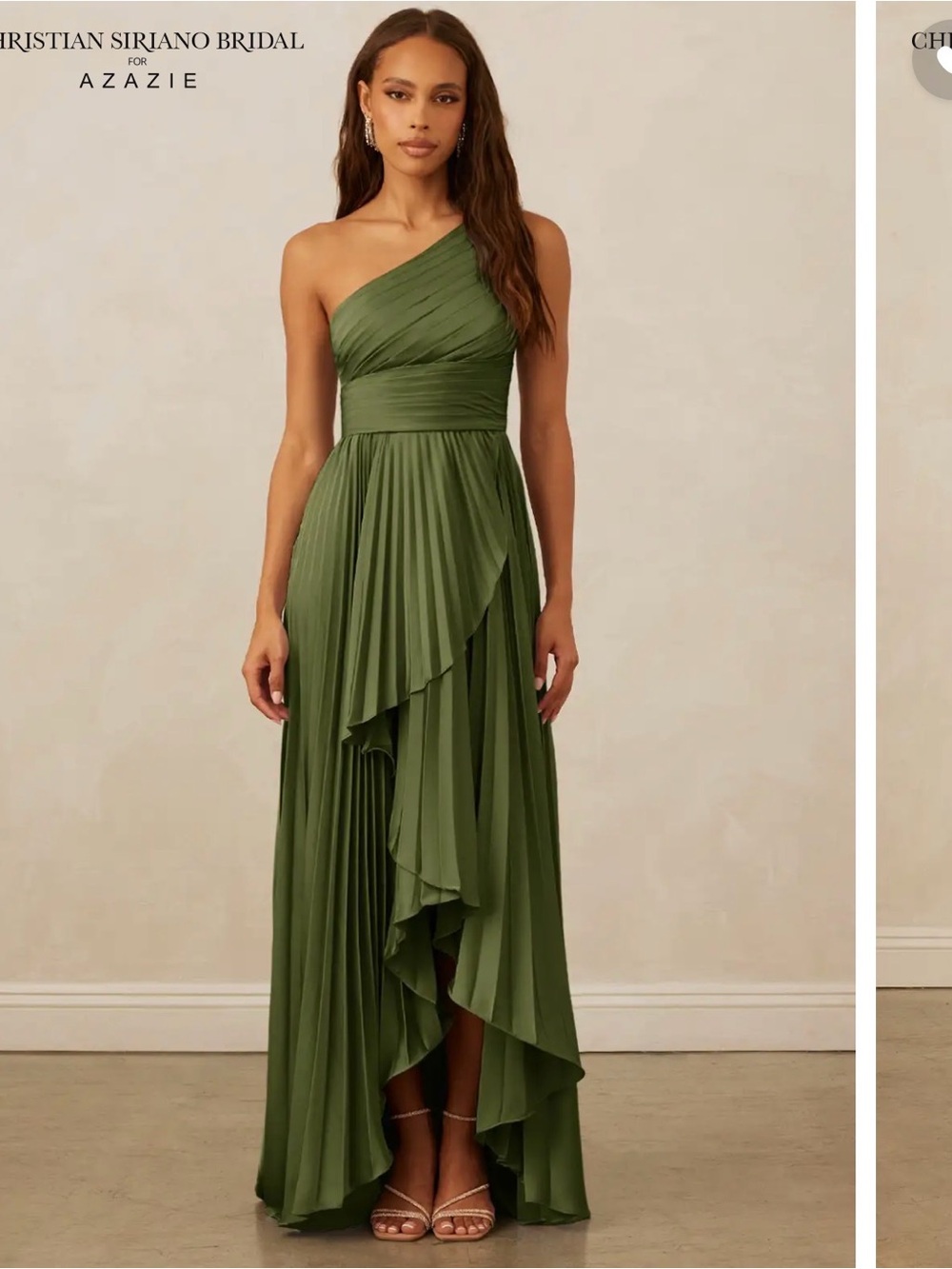 Christian Siriano Olive Green One-Shoulder Pleated Maxi Gown - Picture 2 of 7